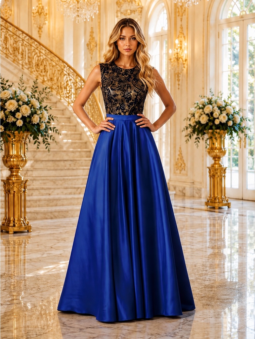 Juliet 661 Black Sequin Bodice Royal Blue Ball Gown NWT XL